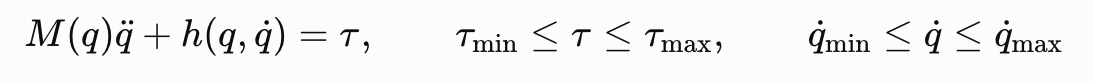 로봇 동역학 제약식: M(q)q'' + h(q, q') = τ, 토크 한계 τmin ≤ τ ≤ τmax, 관절 속도 한계 q'min ≤ q' ≤ q'max