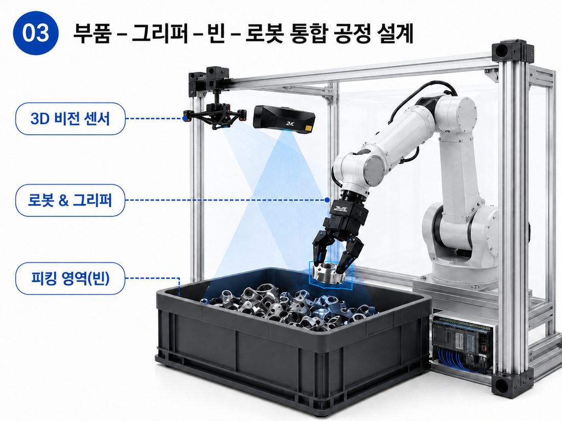 부품-그리퍼-빈-로봇 통합 공정 설계 - 3D 비전 센서, 로봇&그리퍼, 피킹 영역(빈)으로 구성된 빈피킹 셀