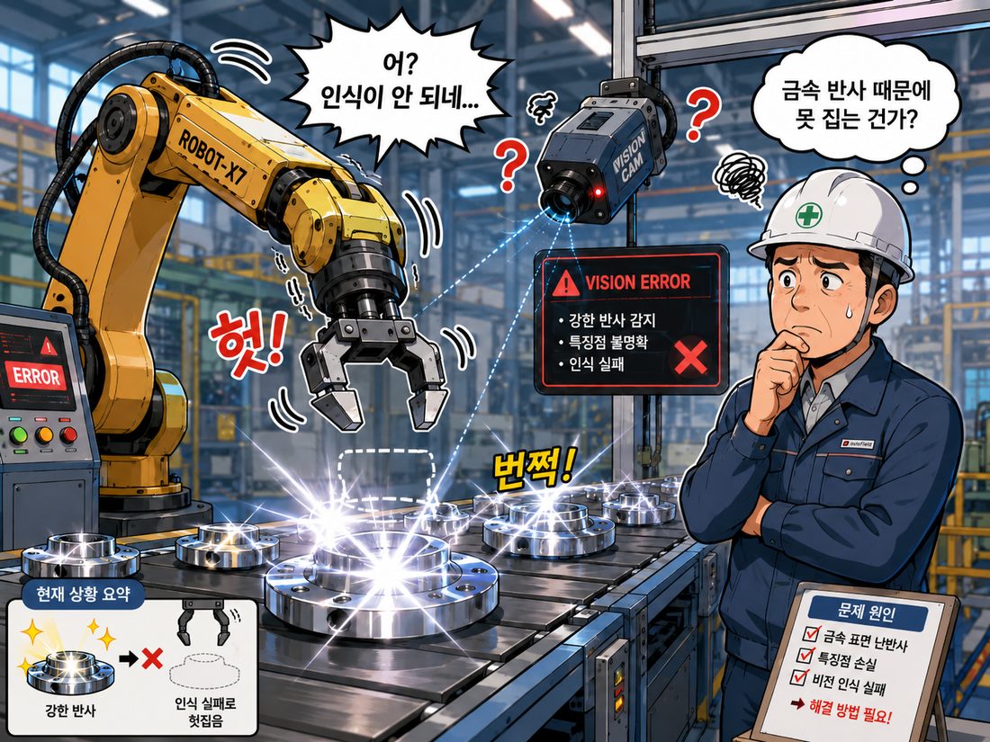 금속 표면 난반사로 비전 인식에 실패하는 산업용로봇 일러스트
